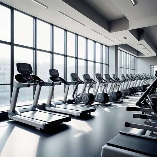 Prompt: gym interior with (extensive machines and equipment), (bright wall of windows), modern design, minimalist aesthetic, vibrant light streaming through, emphasizing spaciousness, clean lines, (professional interior), high resolution, captured in a stock photo style, energetic atmosphere, enhancing the sense of fitness and wellness, ultra-detailed, showcasing contemporary lifestyle trends.