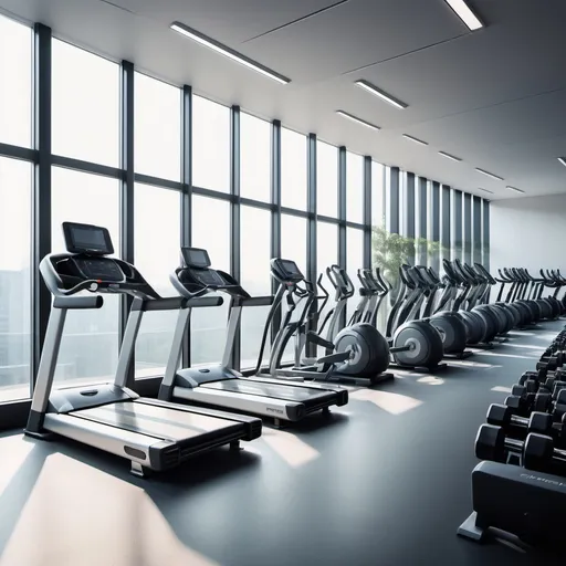 Prompt: gym interior with (extensive machines and equipment), (bright wall of windows), modern design, minimalist aesthetic, vibrant light streaming through, emphasizing spaciousness, clean lines, (professional interior), high resolution, captured in a stock photo style, energetic atmosphere, enhancing the sense of fitness and wellness, ultra-detailed, showcasing contemporary lifestyle trends.