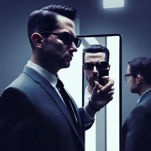 Prompt: FBI agent taking mirror selfie, digital painting, intense expression, dark suit and sunglasses, modern smartphone, high contrast, dramatic lighting, professional quality, digital painting, intense, dark tones, dramatic lighting, mirror selfie, FBI agent, modern technology, sleek suit, sunglasses, reflective surface