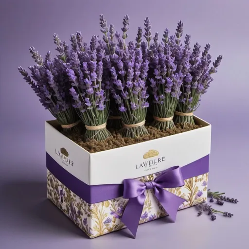 Prompt: Appearance: The package is rectangular and measures 11.5 x 9.41 x 5.39 inches. The main color is deep purple, which represents mystery and nobility and complements the natural beauty of lavender. The white on the packaging is used as a highlight and contrasting color, enhancing the overall clarity and beauty. Gold accents are cleverly applied to add a touch of luxury and sophistication to the packaging.

Pattern: Based on the style of European and American cartoons, it depicts an elegant and lively scene. At the center of the picture are clusters of lavenders in full bloom, with their lilac flowers emitting a charming aroma. Around lavender, you can sprinkle some other plants, such as small lavender flowers or green leaves, to create a vibrant garden scene.

Warm slogan: you can add warm slogans on the packaging, such as "natural fragrance, give you the most pure blessing", "lavender, make life better" and so on. These slogans can increase the emotional temperature of the gift and make the recipient feel cared and warm.