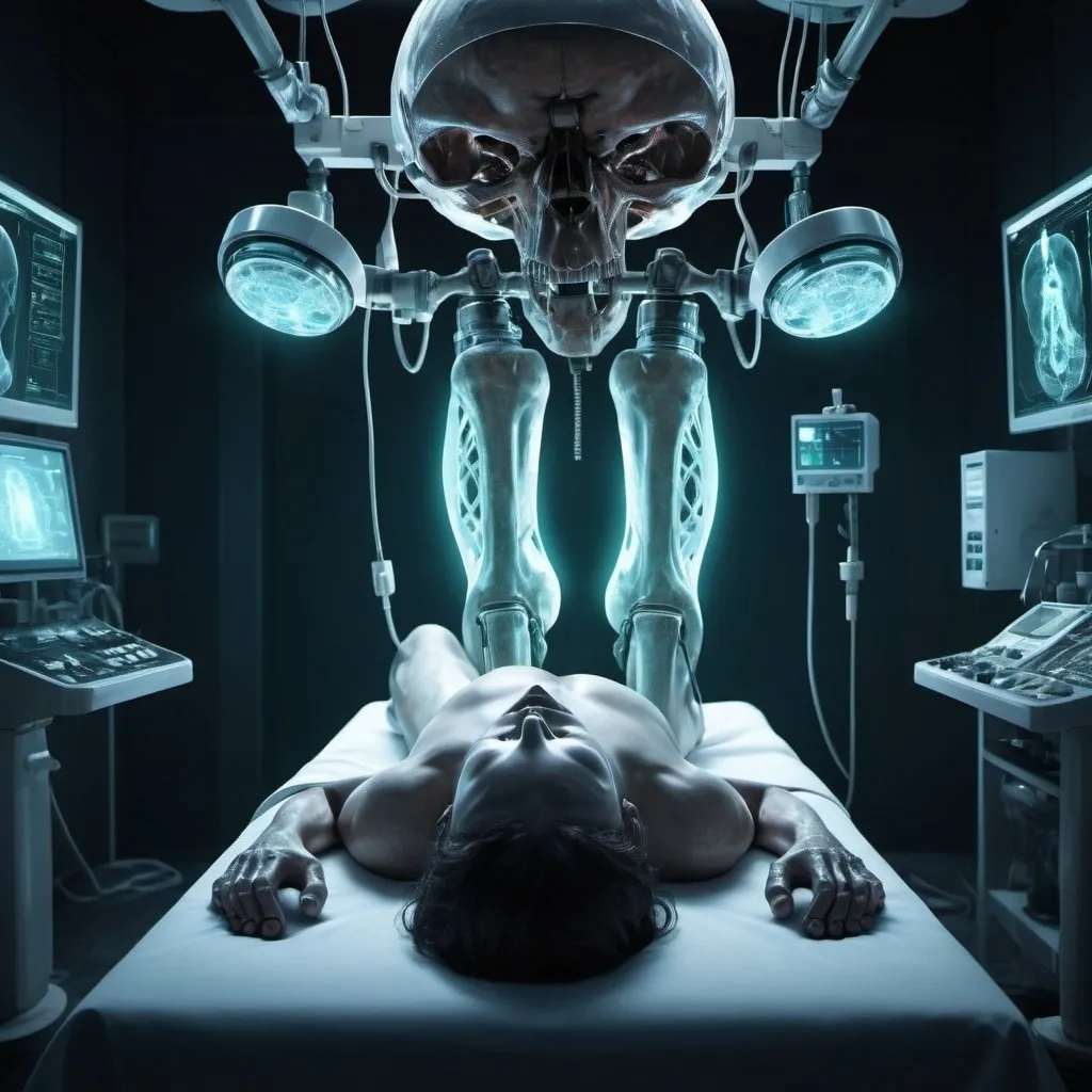 Prompt: real,  human body undergoing cranial treatment, feet at the bottom, abstract, high fidelity, detailed, eerie, dark tones, medical equipment, glowing light, futuristic, sci-fi, surreal, haunting, highres, ultra-detailed, digital art, abstract, medical, dark tones, eerie lighting