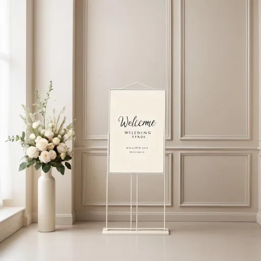 Prompt: a mock up of a white metal base wedding welcome sign stand in a cream room minimal modern 