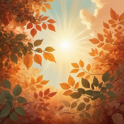 Prompt: Sunrise with leaves as clouds, vibrant warm colors, detailed leaves, natural lighting, high quality, digital painting, surreal, warm tones, nature, detailed foliage, dreamy atmosphere, sun rays filtering through leaves, peaceful, serene, artistic, tranquil scene, leafy clouds, soft glow