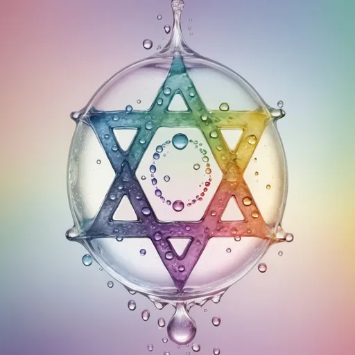 Prompt: Rainbow-infused water droplets, ethereal and translucent, high-quality, digital art, magical, spiritual, rainbow colors, gentle lighting, yin yang symbol, ohm, star of David, cross, luna, infinity, dreamy atmosphere, mystical, detailed reflections, serene, pastel tones, calming