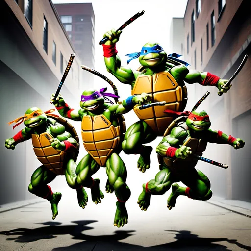 Prompt:  Four teenage 
mutant ninja turtles jumping in the air; holding nunchucks

