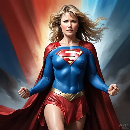 Prompt: Lucy Lawless at the age of 33, as Supergirl, digital painting, powerful stance, vibrant colors, comic book style, iconic red and blue costume, flowing cape, intense expression, heroic pose, dynamic lighting, high quality, vibrant colors, comic book style, powerful, iconic costume, heroic, dynamic lighting