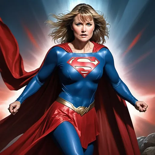 Prompt: Lucy Lawless at the age of 33, as Supergirl, digital painting, powerful stance, vibrant colors, comic book style, iconic red and blue costume, flowing cape, intense expression, heroic pose, dynamic lighting, high quality, vibrant colors, comic book style, powerful, iconic costume, heroic, dynamic lighting