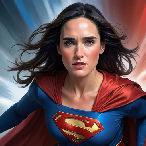 Prompt: Jennifer connelly at the age of 33, as Supergirl, digital painting, powerful stance, vibrant colors, comic book style, iconic red and blue costume, flowing cape, intense expression, heroic pose, dynamic lighting, high quality, vibrant colors, comic book style, powerful, iconic costume, heroic, dynamic lighting