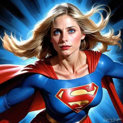 Prompt: Helen Slater at the age of 33, as Supergirl, digital painting, powerful stance, vibrant colors, comic book style, iconic red and blue costume, flowing cape, intense expression, heroic pose, dynamic lighting, high quality, vibrant colors, comic book style, powerful, iconic costume, heroic, dynamic lighting