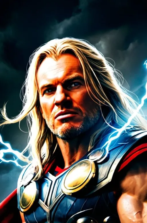 Prompt: Vladimír Kulich as Thor, the god of thunder, with Mjolnir, digital painting, powerful stance, vibrant colors, comic book style, iconic costume, flowing cape, intense expression, heroic pose, dynamic lighting, high quality, vibrant colors, comic book style, powerful, iconic costume, heroic, dynamic lighting