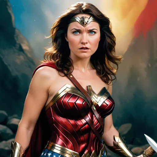 Prompt: young Lucy Lawless at the age of 25, as wonder woman, digital painting, powerful stance, vibrant colors, comic book style, intense expression, heroic pose, dynamic lighting, high quality, vibrant colors, comic book style, powerful, iconic costume, heroic, dynamic lighting