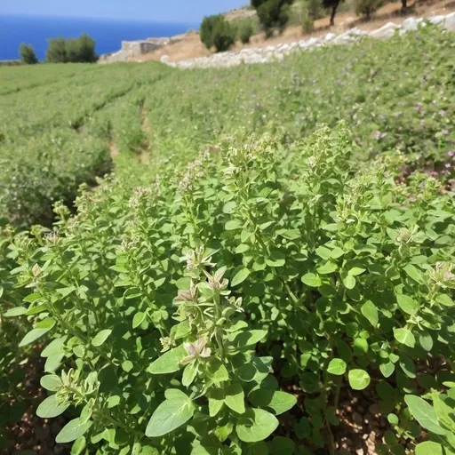 Prompt: field of oregano in beautiful Greece