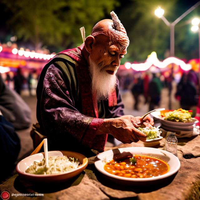 Prompt: un juchiman sentado comiendo pozole,tiro medio,estilo de salpicadura de color, iluminacion cinematografica , en el parque,lente 24 mm,dipositivo canon.