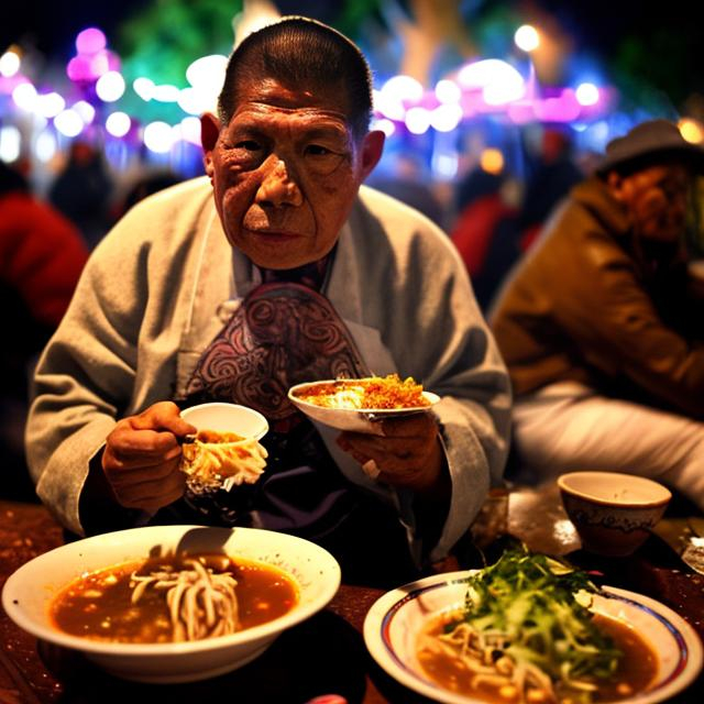 Prompt: un juchiman sentado comiendo pozole,tiro medio,estilo de salpicadura de color, iluminacion cinematografica , en el parque,lente 24 mn.