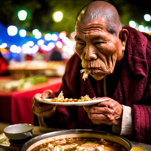 Prompt: un juchiman sentado comiendo pozole,tiro medio,estilo de salpicadura de color, iluminacion cinematografica , en el parque,lente 24 mm,dipositivo canon.