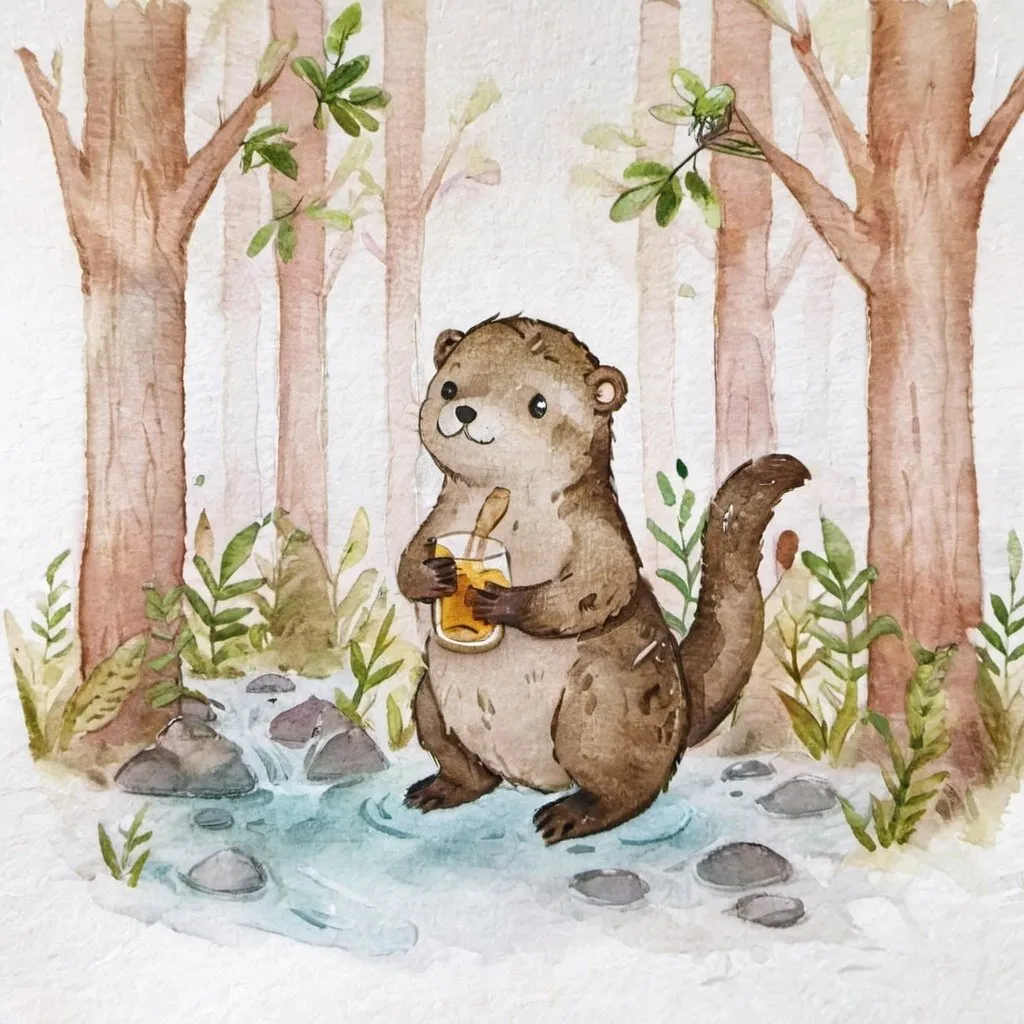 Prompt: a very cute otter drinking whisky in the forest as a fantasy art