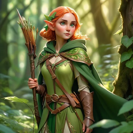 Prompt: Elf ranger (elegant and poised), surrounded by mystical forest, dappled sunlight filtering through lush green leaves, (enchanted atmosphere), floral details illuminating the scene, soft and vibrant colors, sparkling ambient light, wearing a finely crafted cloak, bow and quiver at the ready, (highly detailed), 4K resolution, evoking a sense of adventure and magic.