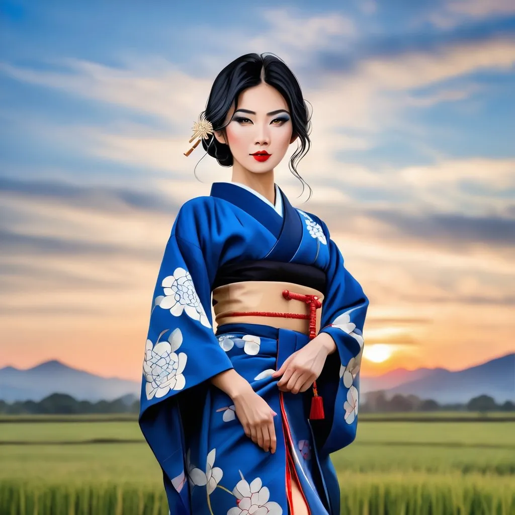 Prompt: Graceful gorgeous Japanese lady with blond black hair in blue traditional cloth and makeup stand on a field at sunrise 