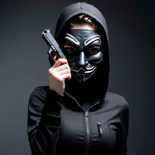 Prompt: An anonymous masked female with a pistol in hand dressed in geek black clothing 