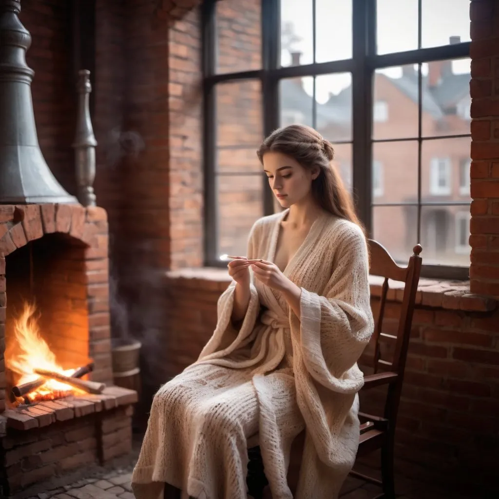 Prompt:  A young noble lady sitting on a chair by the bon fire near the window 
of a brick homes while knitting  cloth robe, dramatic 