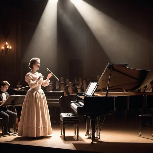 Prompt: An orchestra stage with a woman in 
old fashion English dress singing and a pianist playing the piano behind her with the background lighting faint and a fading audience  d