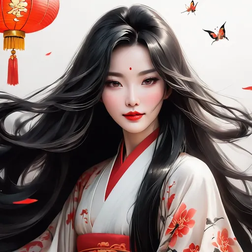 Prompt: Graceful gorgeous chinese lady with fluttering long black hair in traditional cloth and makeup