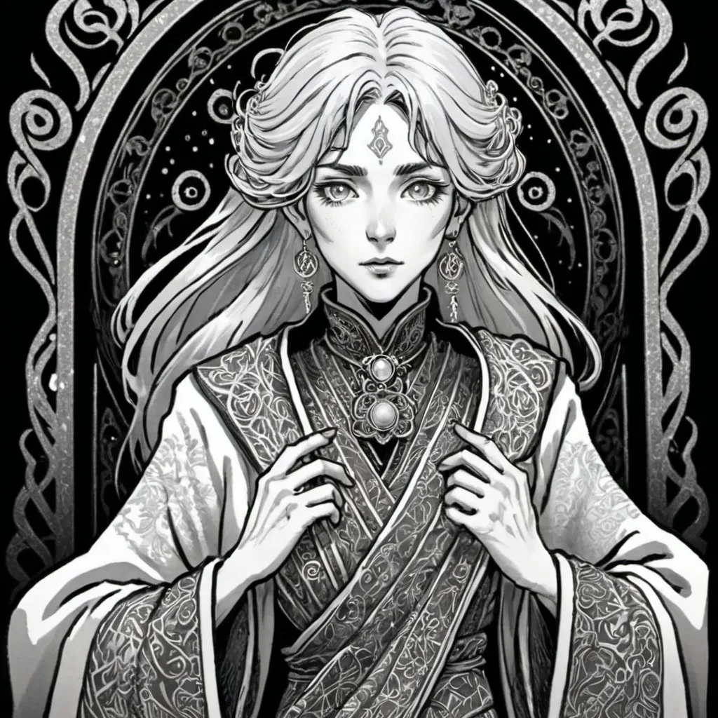 Prompt: Tarot card anime illustration of a silver-haired woman, ornate cloth robe with intricate details, dramatic lighting, art nouveau, detailed eyes, elaborate silver hair, intricate symbolism, flowing fabric, mystical atmosphere, highres, detailed, art nouveau, anime, dramatic lighting, ornate design