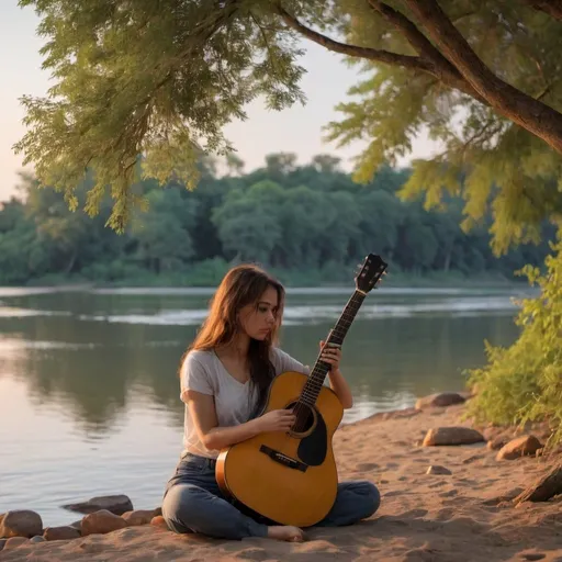 Prompt: A female with a guitar sitting my the river shore under a shade in the evening while looking into a distance 