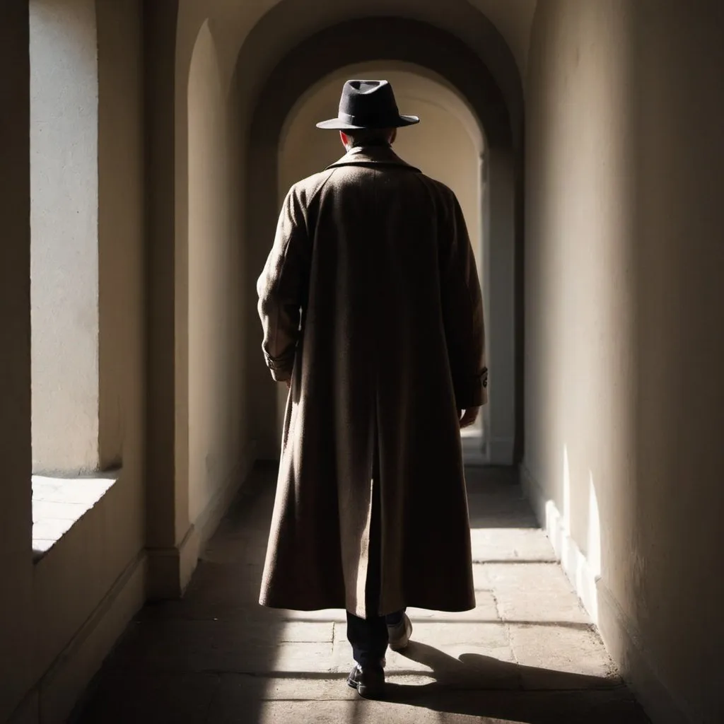 Prompt:  A male figure in long English coat and a hat walking out of the shadows 