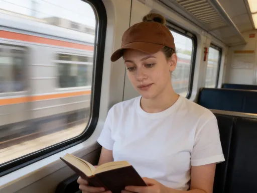 Prompt: Change her cloth to a white tshirt and let her wear a brown cap and let her sit in a moving train holding book