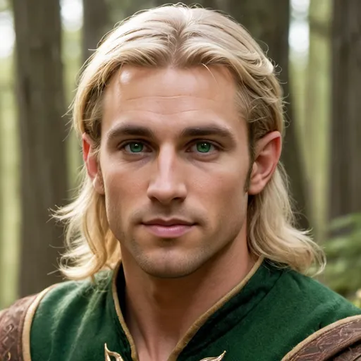 Prompt: 30 year old, rugged, caucasian woodsman, shoulder length blonde hair, green eyes flecked with gold, tall, lean and muscular, younger,  handsome, younger face, more elf like, straighter nose, no wrinkles, elf ears, prince, strong