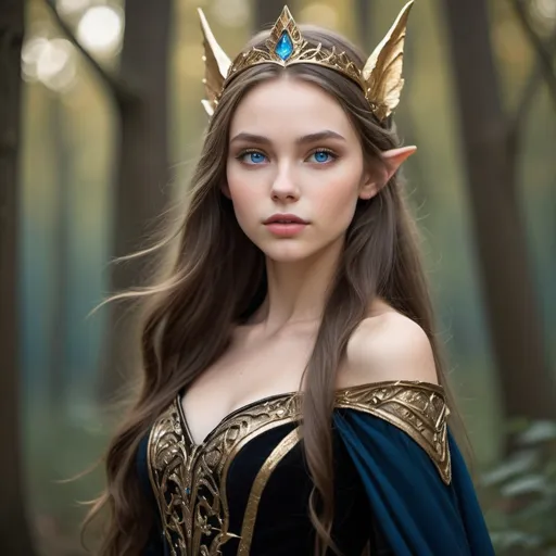 Prompt: Tall, elfen, young woman with long ash brown hair, blue eyes, high cheekbones, full lips, graceful, beautiful and fair skin, princess warrior, thinner, more beautiful, Golden highlights, pointy fairy ears, black dress