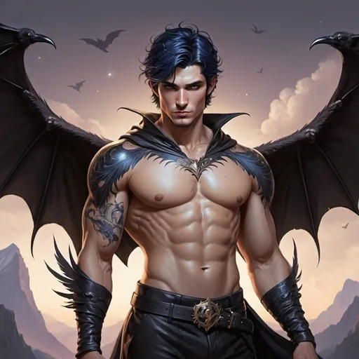 Prompt: short blue-black hair, like a raven's feathers, and violet eyes with flecks of silver like starlight. He has a tan complexion. He also has tattoos decorating his arms and muscular chest. He has tattoos on both of his knees of mountains with 3 stars on top of the mountains. He has giant, smooth membranous wings that are flecked with a hint of iridescence and are clawed like a bat's. He wears rich clothing, cloaked in tendrils of night: an ebony tunic brocaded with gold and silver, dark pants and black boots that reached his knees. His beauty and handsomeness are said to be legendary, greater so far than anyone else's in Prythian. He radiates sensual grace and ease, and keeps his composure most of the time.