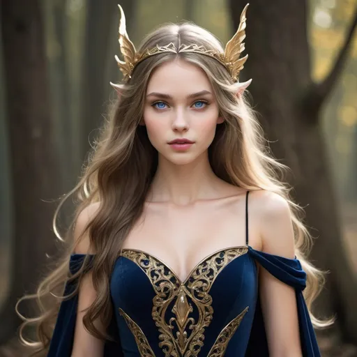 Prompt: Tall, elfen, young woman with long ash brown hair, blue eyes, high cheekbones, full lips, graceful, beautiful and fair skin, princess warrior, thinner, more beautiful, Golden highlights, pointy fairy ears, black dress, more blonde