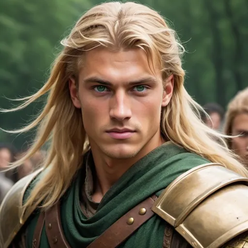 Prompt: Handsome and brave, he is a fierce warrior. Long golden-blonde hair and deep green eyes flecked with gold. strikingly handsome and young in appearance. he looks like a man in his early twenties. he is tall with tanned skin and a warrior’s build