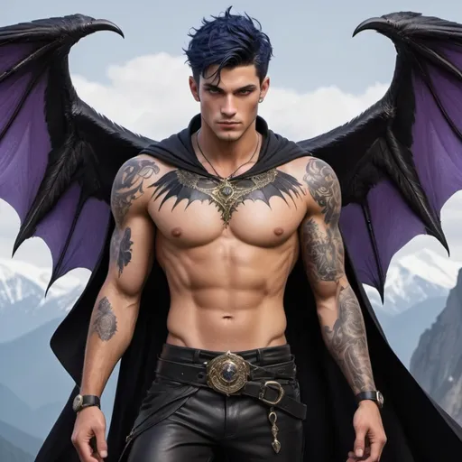 Prompt: short blue-black hair, like a raven's feathers, and violet eyes with flecks of silver like starlight. He has a tan complexion. He also has tattoos decorating his arms and muscular chest. He has tattoos on both of his knees of mountains with 3 stars on top of the mountains. He has giant, smooth membranous wings that are flecked with a hint of iridescence and are clawed like a bat's. He wears rich clothing, cloaked in tendrils of night: an ebony tunic brocaded with gold and silver, dark pants and black boots that reached his knees. His beauty and handsomeness are said to be legendary, greater so far than anyone else's in Prythian. He radiates sensual grace and ease, and keeps his composure most of the time.