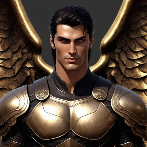 Prompt: Azriel is described as classically beautiful, but near-unreadable. He is tall, with dark hair, golden-brown skin, and massive Illyrian wings. His eyes are hazel and the planes of his face are elegant. His Illyrian training is described to have shaped his body to be extremely powerful and muscular. Black leather armor. 
