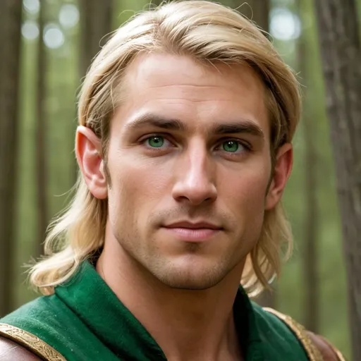 Prompt: 30 year old, rugged, caucasian woodsman, shoulder length blonde hair, green eyes flecked with gold, tall, lean and muscular, younger,  handsome, younger face, more elf like, straighter nose, no wrinkles, elf ears, prince, strong