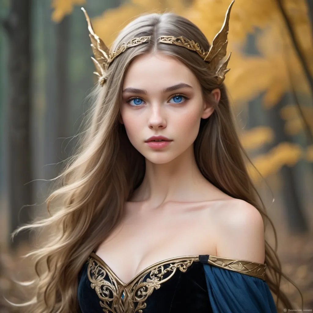 Prompt: Tall, elfen, young woman with long ash brown hair, blue eyes, high cheekbones, full lips, graceful, beautiful and fair skin, princess warrior, thinner, more beautiful, Golden highlights, pointy fairy ears, black dress, more blonde