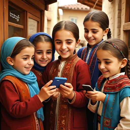 Prompt: An illustration of Anatolian children using mobile banking for financial literacy, warm and vibrant colors, happy and joyful expressions, traditional Anatolian clothing, detailed mobile phones with child-friendly interface, educational setting, lively and cheerful atmosphere, high quality, professional, warm tones, vibrant lighting, detailed expressions, educational, traditional Anatolian