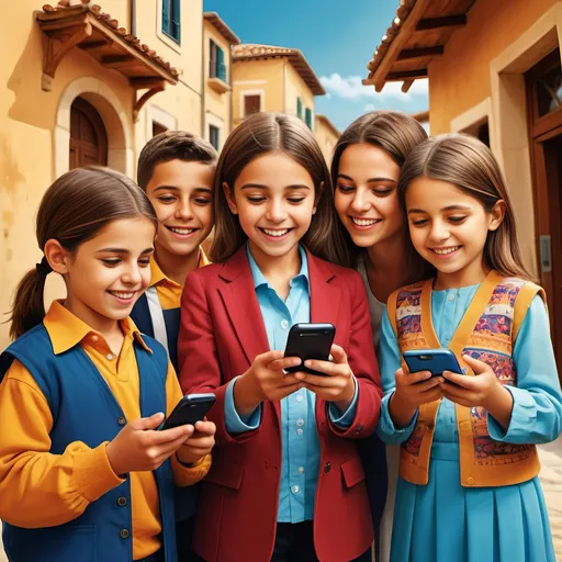 Prompt: An illustration of mediterranean children using mobile banking for financial literacy, business woman, business man, warm and vibrant colors, happy and joyful expressions, detailed mobile phones with child-friendly interface, educational setting, lively and cheerful atmosphere, high quality, professional, warm tones, vibrant lighting, detailed expressions, educational, boys.