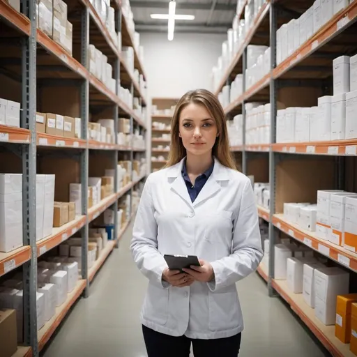 Prompt: Women Sale person at modern pharmaceurical warehouse