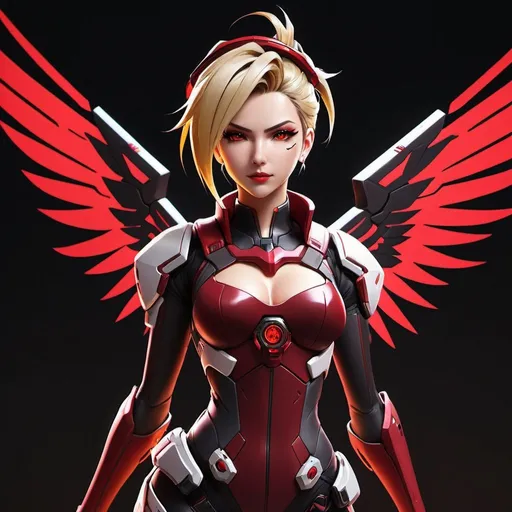 Prompt: Anime cyberpunk style, good dark red shading, 1990s anime style, HD, dark background, mercy overwatch dark red evil skin