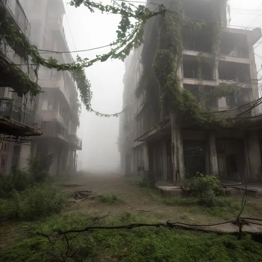 Prompt: an abandoned dystopian city that's foggy and foresty. the city has lots of vines and overgrown plants