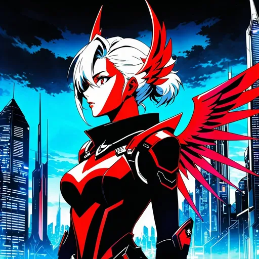 Prompt: anime illustration of a character, 1990s anime style, HD quality, dark red shading, Mercy Overwatch Dark Red Vengeance skin, Evil Valkyrie, dark atmosphere, professional, atmospheric lighting, detailed eyes, futuristic cityscape, cybernetic enhancements, cool tones, white hair, fallen angel profile picture