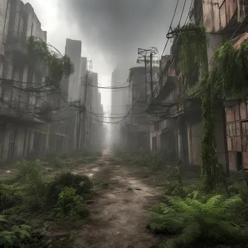 Prompt: an abandoned dystopian city that's foggy and foresty. the city has lots of vines and overgrown plants. there's lots of weeds and very overgrown bushes