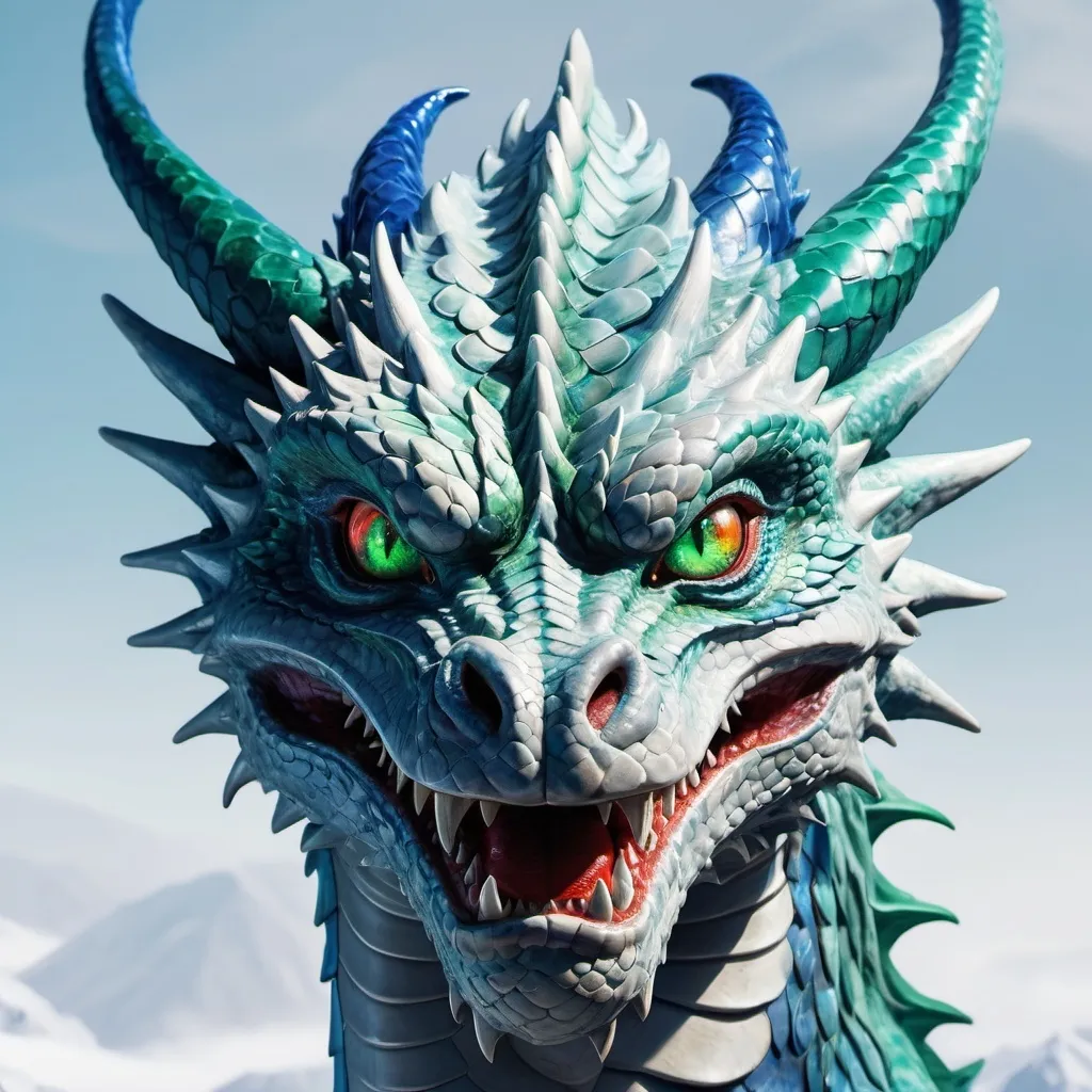 Prompt: Draw a dragon in full color with two different  color eyes 