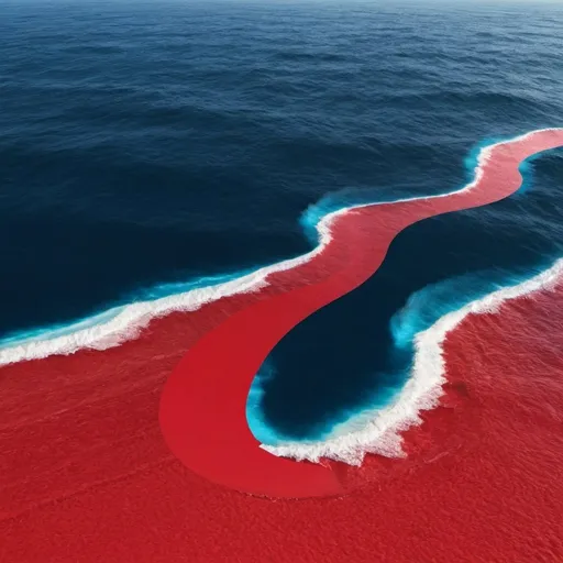 Prompt: picture of a red ocean (on the left side of the picture) changing into a blue ocean (right side of the picture)