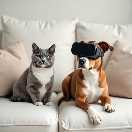 Prompt: Create an image of a cozy living room with a white sofa adorned with soft pillows. On the sofa:

A grey and white cat with yellow eyes, sitting comfortably on the left side of the sofa. The cat has a relaxed, calm expression and is looking towards the viewer.

A brown and white dog on the right side of the sofa, wearing VR glasses. The dog looks playful and curious, with a slight tilt of its head, indicating it’s interacting with the virtual reality environment. The dog’s fur is mostly brown with white patches on the chest and paws.

The sofa and pillows should have a clean, modern feel, with soft, neutral tones that complement the pets. The background should be a simple, cozy living room setting with soft lighting to give a warm, inviting atmosphere. The overall vibe should be playful yet peaceful, highlighting the interaction between the dog and cat on the sofa."