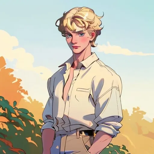 Prompt: white man, blonde hair and hazel eyes. wearing country style clothes